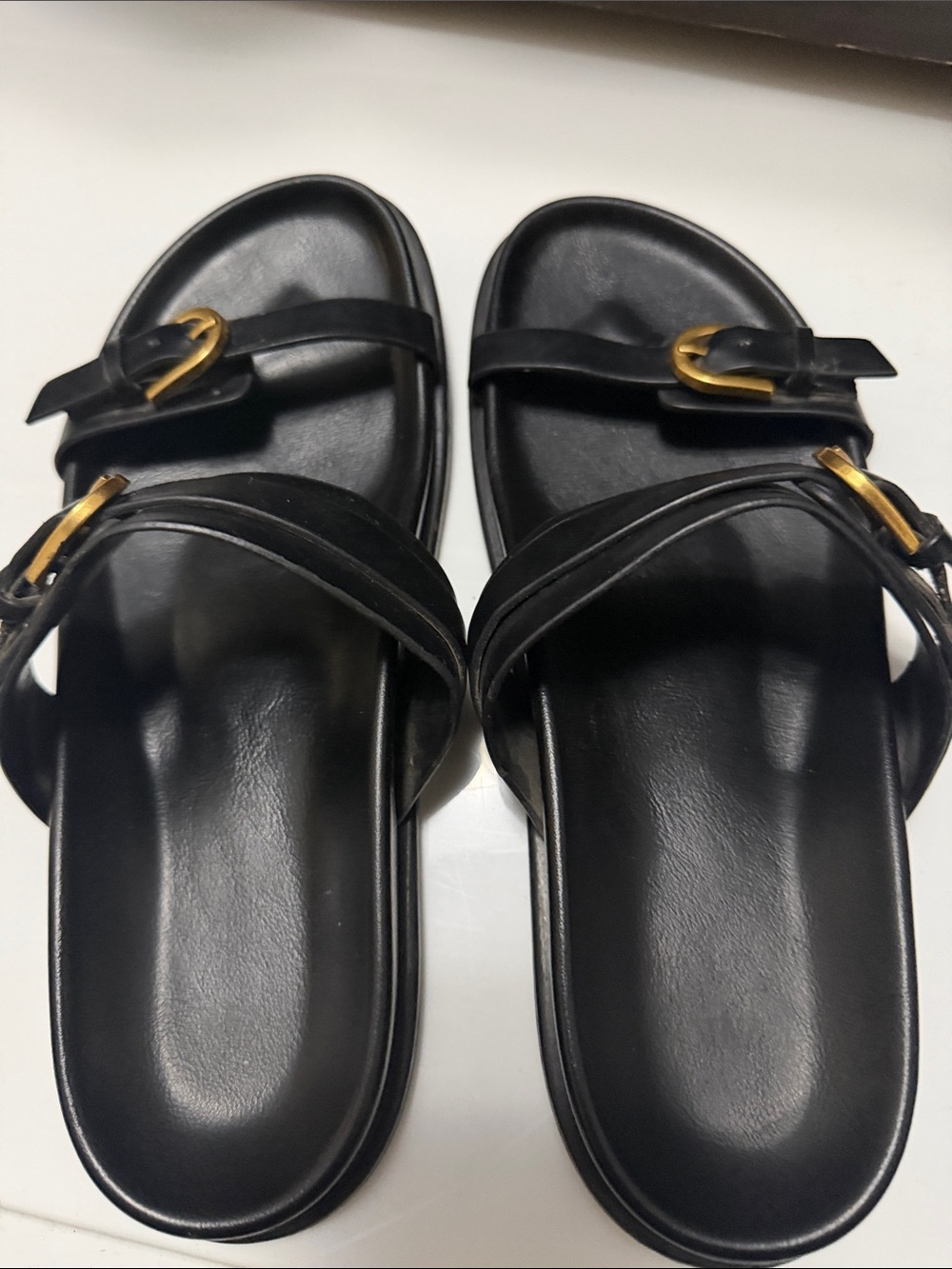 Zara Black Slide Sandals with Gold Buckles size 40
